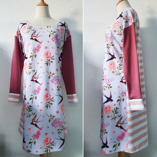 Womens Lexi Dress - M - Swallow Floral, Blush Stripes & Rosewood Merino